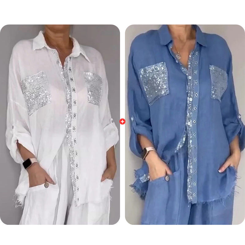Women's Sequin Shirt & Wide-Leg Pants Set