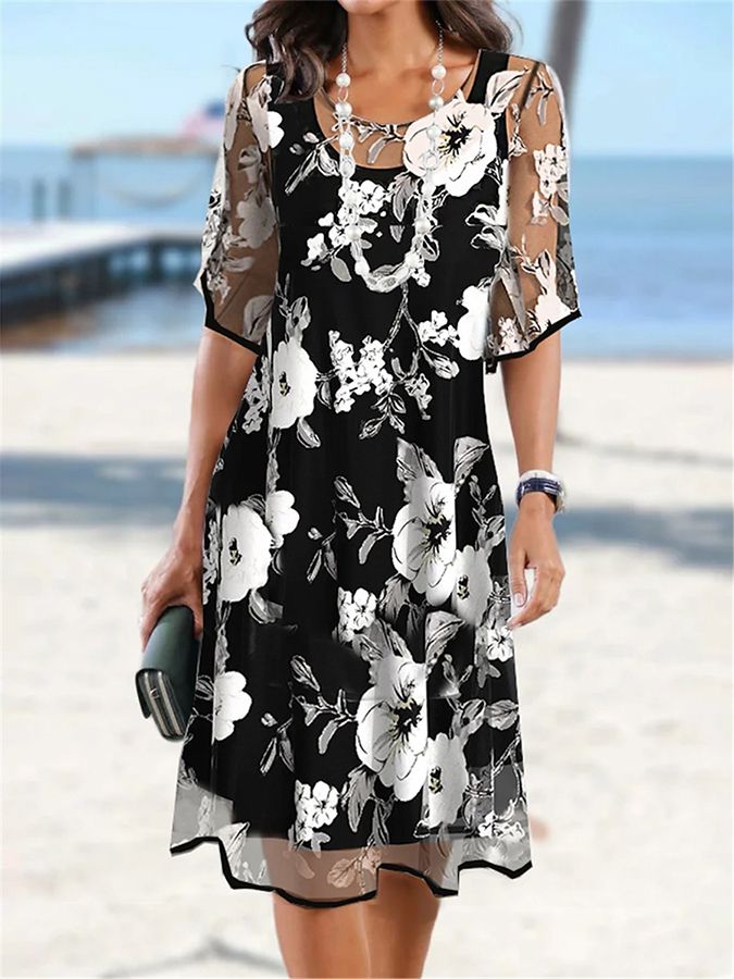 🌸 50% OFF NOW! ✨ Women's Floral A-Line Party Dress – Double-Layer Chiffon, Elegant Print & Knee-Length Fit 👗