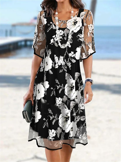 🌸 50% OFF NOW! ✨ Women's Floral A-Line Party Dress – Double-Layer Chiffon, Elegant Print & Knee-Length Fit 👗