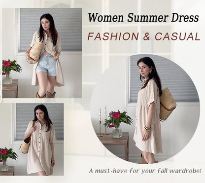 💃2026 Summer Sale-60% OFF💐Women's Short Sleeve Button Down Textured Babydoll Dress with Pockets