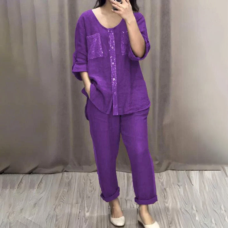 Women’s Linen Cotton Sequin 2-Piece Outfit Set
