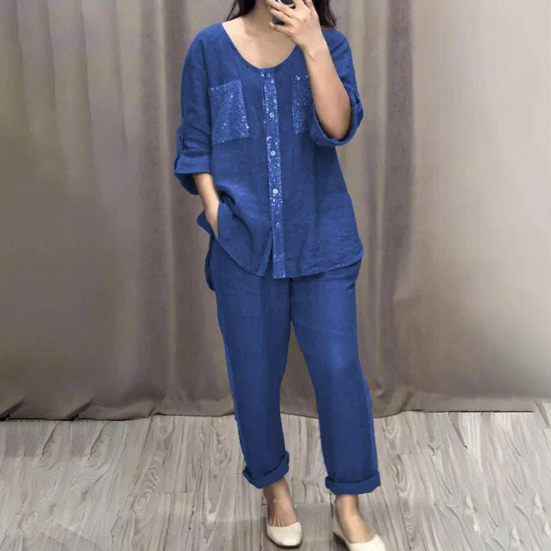 Women’s Linen Cotton Sequin 2-Piece Outfit Set