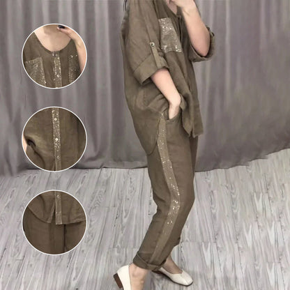 Women’s Linen Cotton Sequin 2-Piece Outfit Set