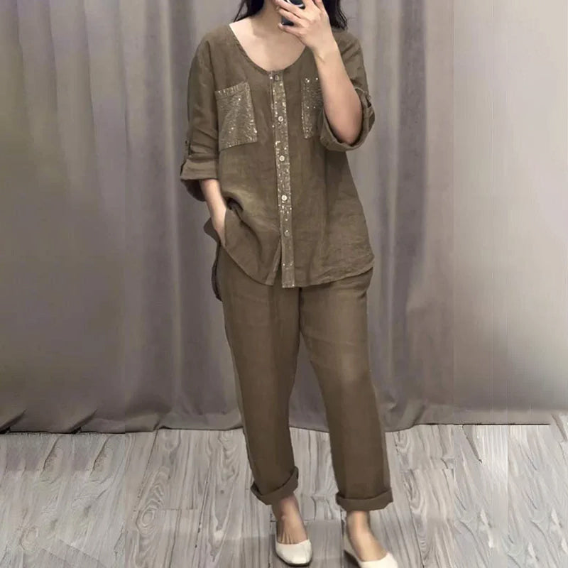 Women’s Linen Cotton Sequin 2-Piece Outfit Set