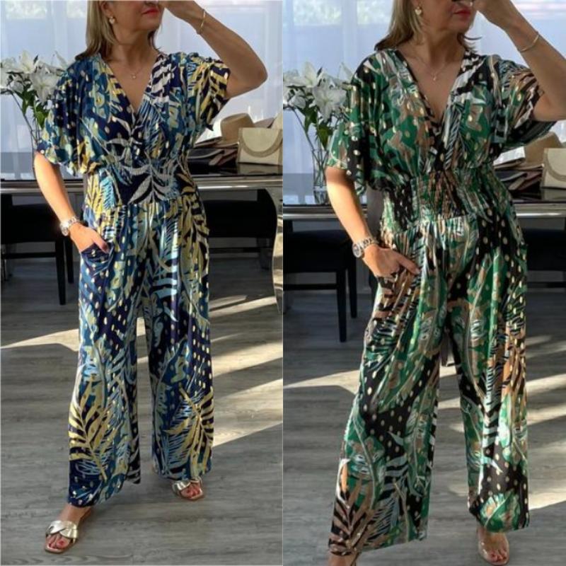 Women's Summer Fashion Leaf Print Plus Size Bodysuit with Elastic Waist