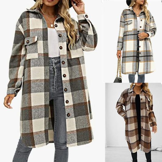 ⏰Hot Sale 50%OFF💥Women's Casual Lapel Button Down Long Plaid Shirt Coat