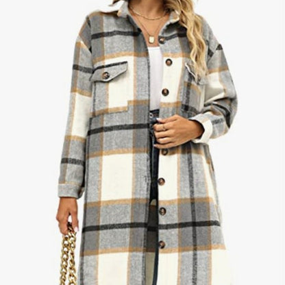 ⏰Hot Sale 50%OFF💥Women's Casual Lapel Button Down Long Plaid Shirt Coat