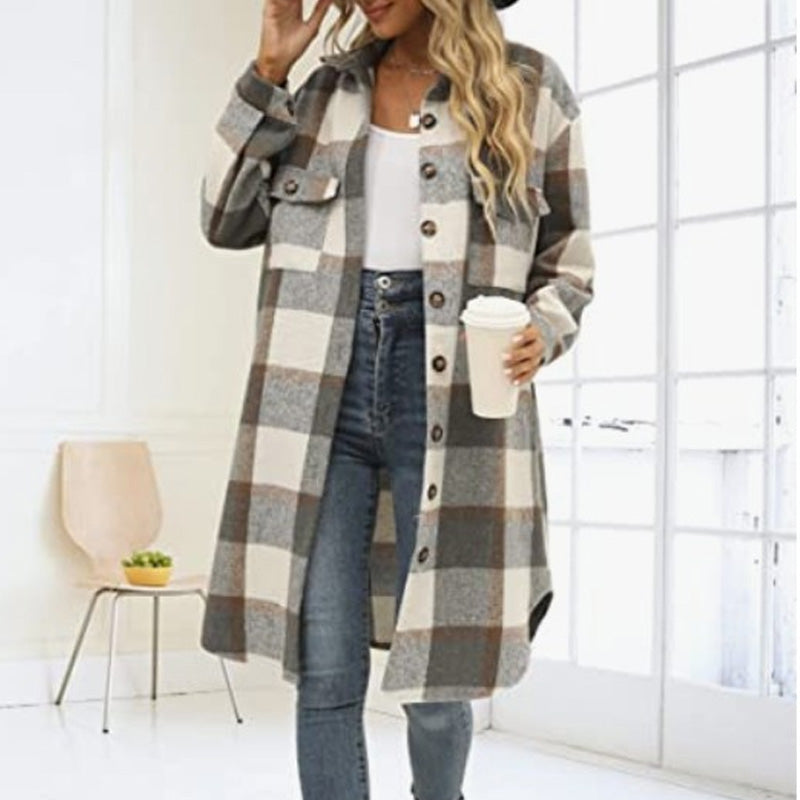 ⏰Hot Sale 50%OFF💥Women's Casual Lapel Button Down Long Plaid Shirt Coat