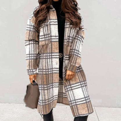 ⏰Hot Sale 50%OFF💥Women's Casual Lapel Button Down Long Plaid Shirt Coat