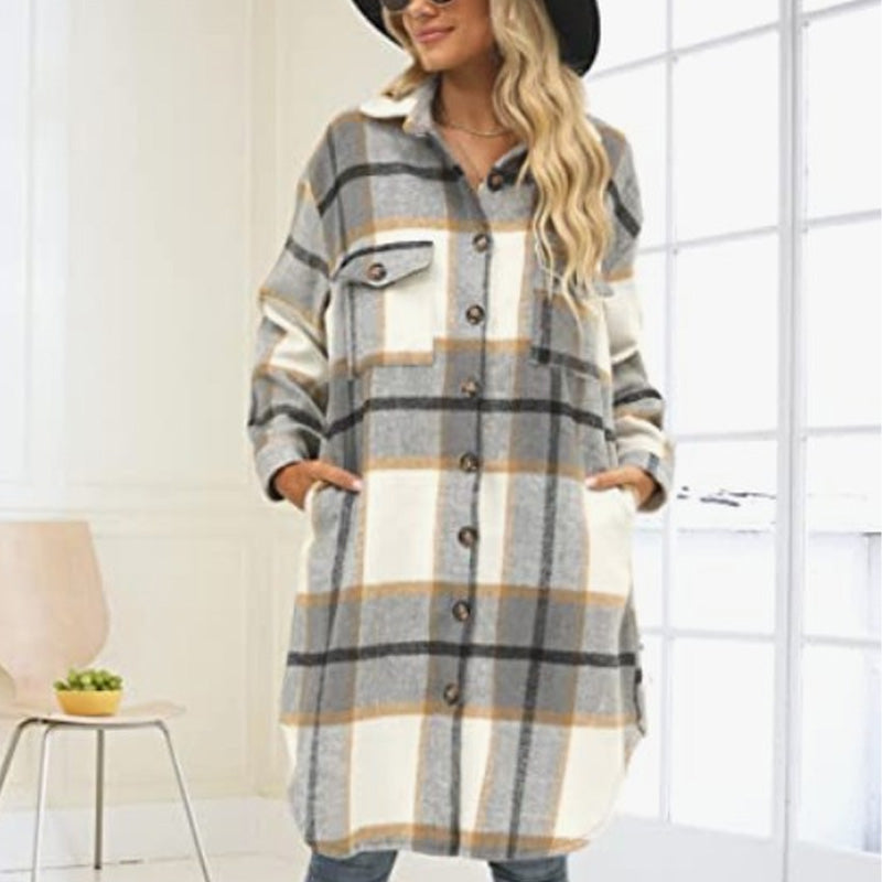 ⏰Hot Sale 50%OFF💥Women's Casual Lapel Button Down Long Plaid Shirt Coat