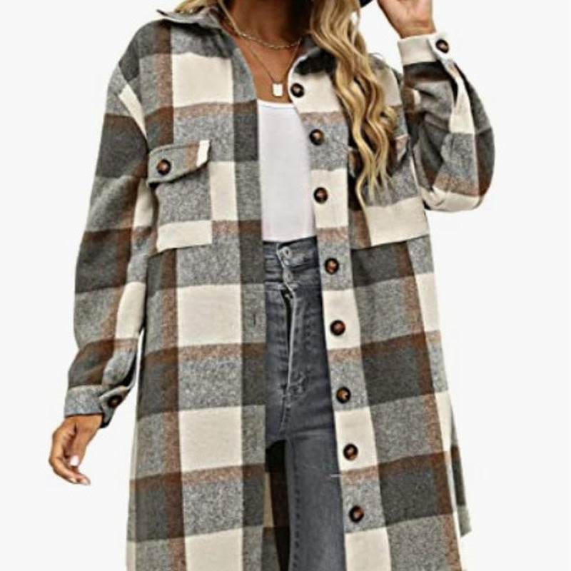 ⏰Hot Sale 50%OFF💥Women's Casual Lapel Button Down Long Plaid Shirt Coat