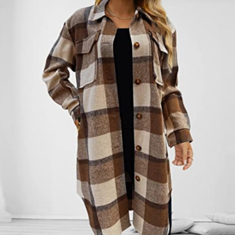 ⏰Hot Sale 50%OFF💥Women's Casual Lapel Button Down Long Plaid Shirt Coat