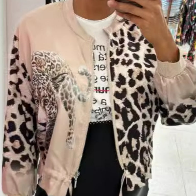 Women's Zipper Short Jacket with a Tiger & Leopard Print