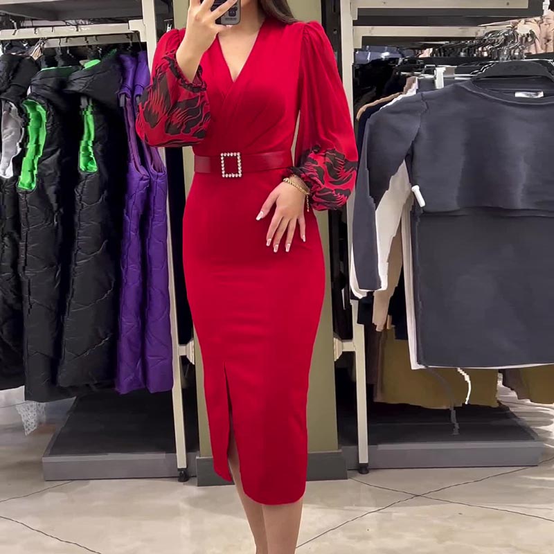 Women’s Elegant V-neck Dress in Red