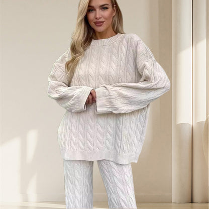 🎅Christmas Pre-sale🎁Solid Crew Neck Twist Textured Sweater  Pants Set