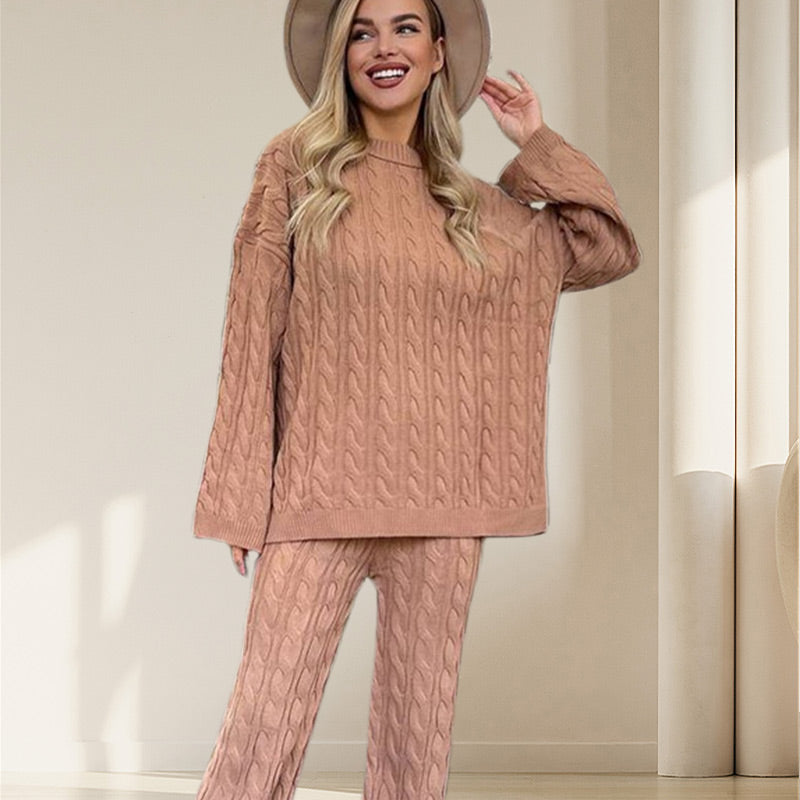 Solid Crew Neck Twist Textured Sweater & Pants Set