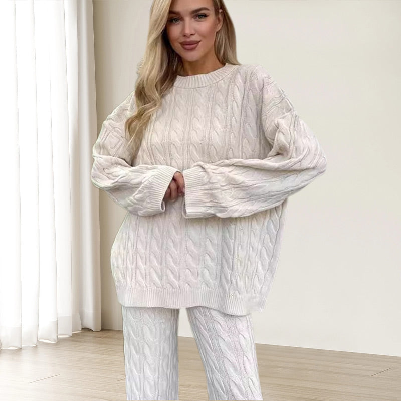 🎅Christmas Pre-sale🎁Solid Crew Neck Twist Textured Sweater  Pants Set