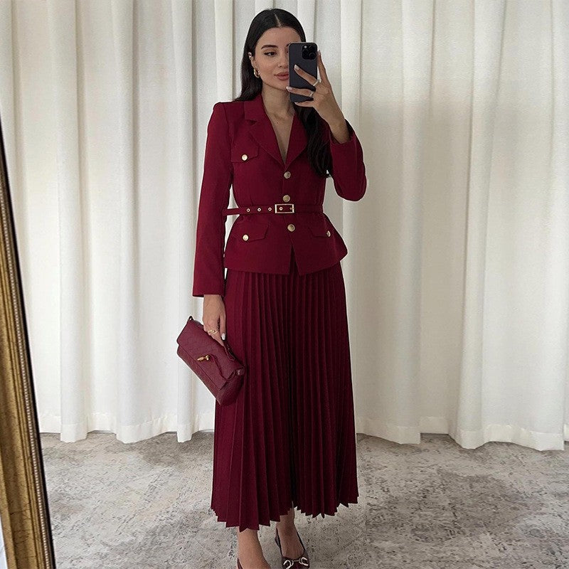 ✨New Arrival✨Women's Lapel Blazer & Pleated Maxi Skirt 2-Piece Set with Matching Belt