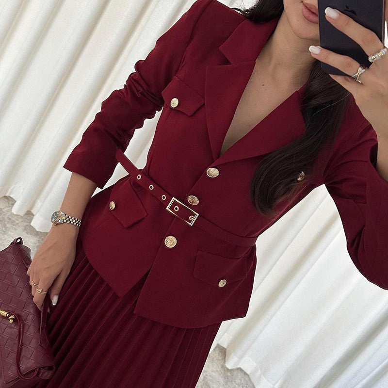 ✨New Arrival✨Women's Lapel Blazer & Pleated Maxi Skirt 2-Piece Set with Matching Belt