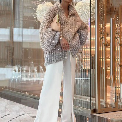 🎅Christmas Pre-sale🎁Knitted Sweater Jacket With Monochromatic Sequins