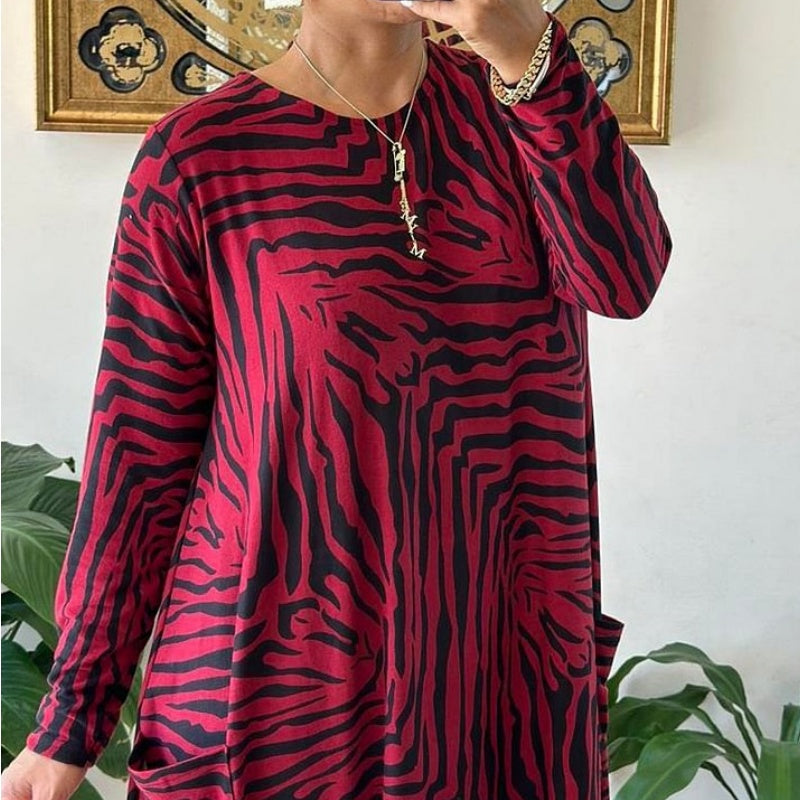 Women's Casual Fashion Zebra Pattern Dress with Pockets