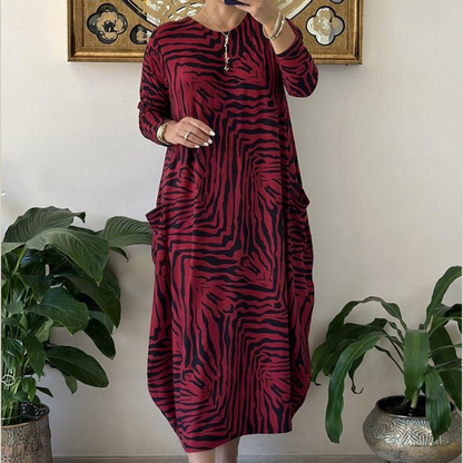 Women's Casual Fashion Zebra Pattern Dress with Pockets