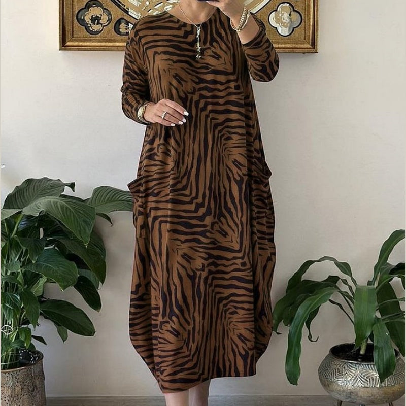 Women's Casual Fashion Zebra Pattern Dress with Pockets