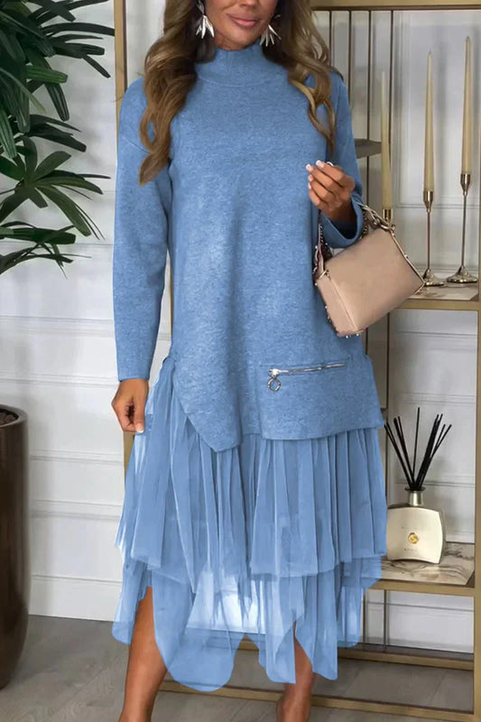 🔥Women's Casual Solid Color Mesh Patchwork Dress（50% OFF）