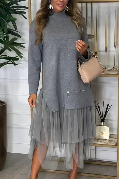 🔥Women's Casual Solid Color Mesh Patchwork Dress（50% OFF）