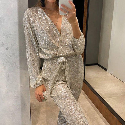 Women's Sparkly V Neck Belted Jumpsuits