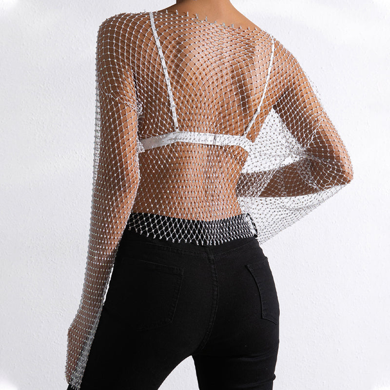 Women's Sexy Rhinestone Fishnet Crop Top