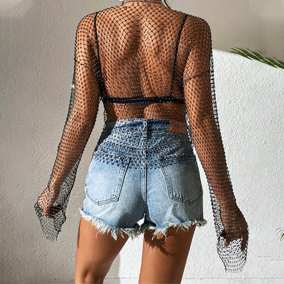 Women's Sexy Rhinestone Fishnet Crop Top