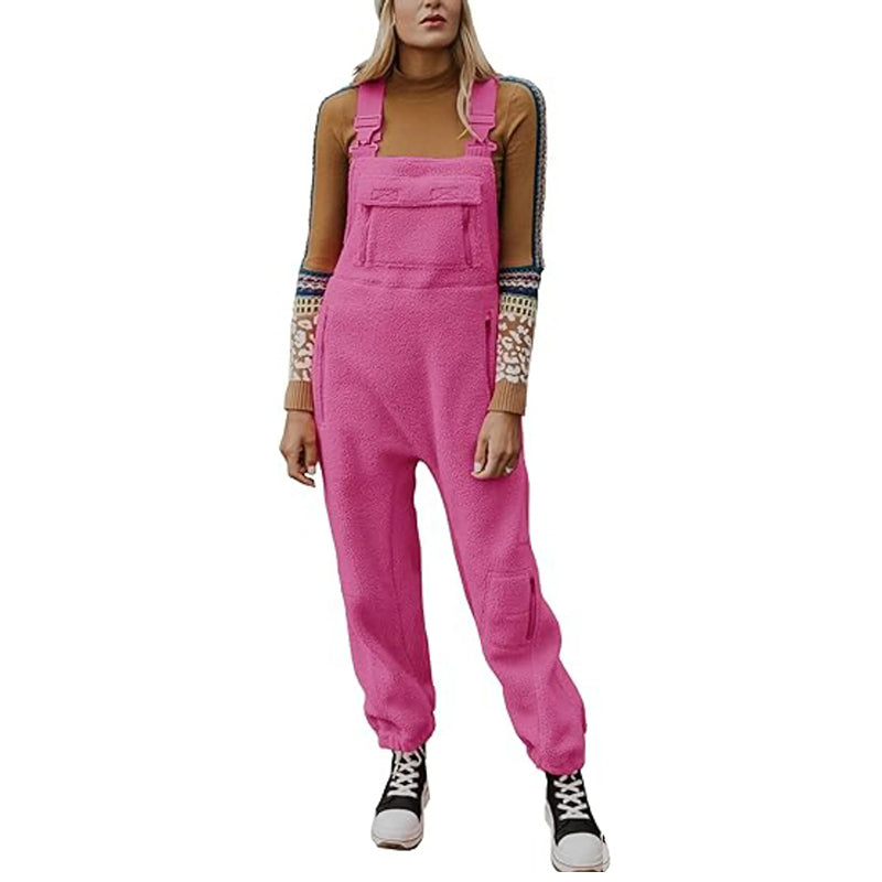 Casual Soft Plush Jumpsuit with Zipper Pockets