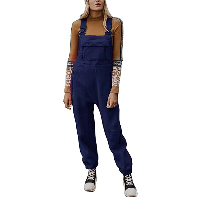 Casual Soft Plush Jumpsuit with Zipper Pockets