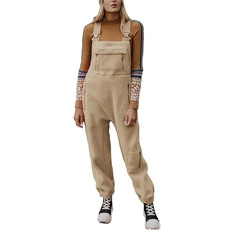 Casual Soft Plush Jumpsuit with Zipper Pockets