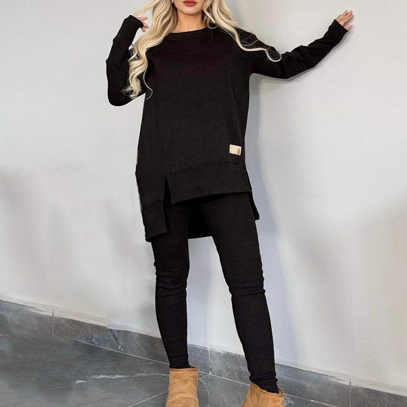 Slit High Low Hem Sweatshirt ＆ Bodycon Pants Set