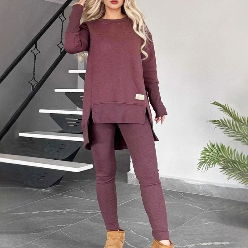 Slit High Low Hem Sweatshirt ＆ Bodycon Pants Set