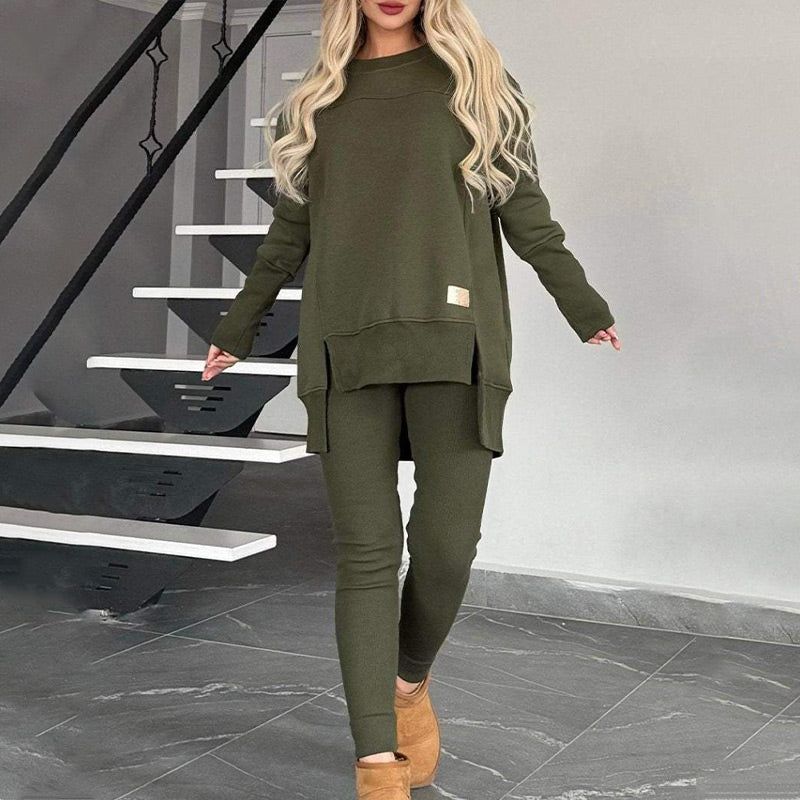 Slit High Low Hem Sweatshirt ＆ Bodycon Pants Set