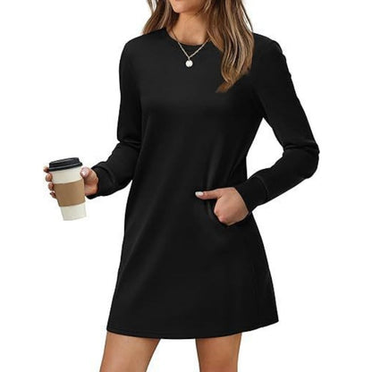 Women’s Solid Round-Neck Long-Sleeve Dresses with Pockets