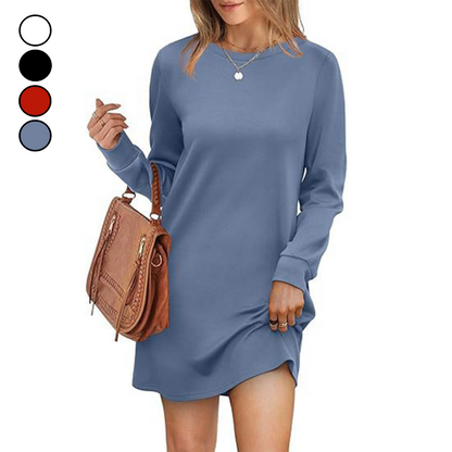 Women’s Solid Round-Neck Long-Sleeve Dresses with Pockets