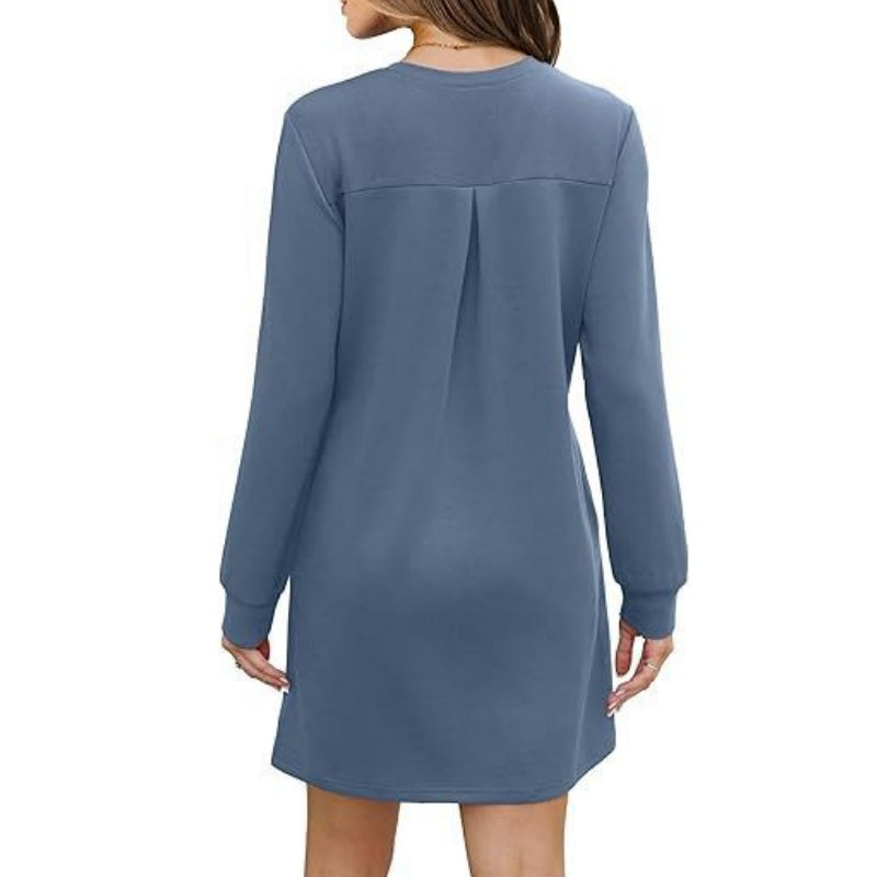 Women’s Solid Round-Neck Long-Sleeve Dresses with Pockets