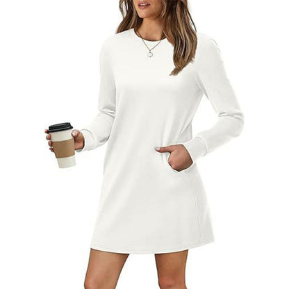 Women’s Solid Round-Neck Long-Sleeve Dresses with Pockets