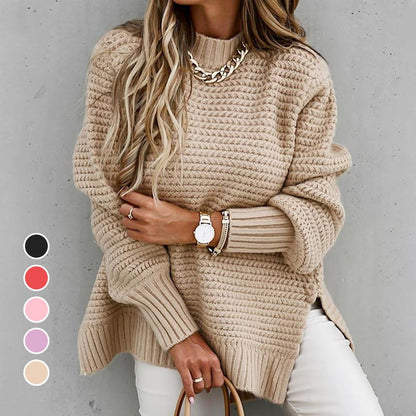 Solid Color Knit Sweater with Side Slits and Crew Neck