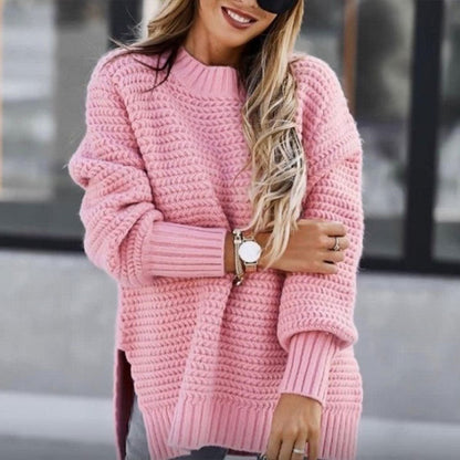 Solid Color Knit Sweater with Side Slits and Crew Neck