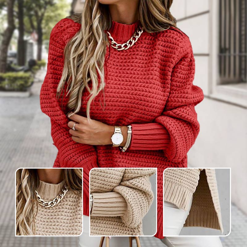 Solid Color Knit Sweater with Side Slits and Crew Neck