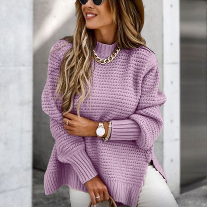 Solid Color Knit Sweater with Side Slits and Crew Neck