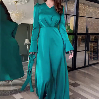 Women's Elegant Maxi Dress with Waist Tie Belt