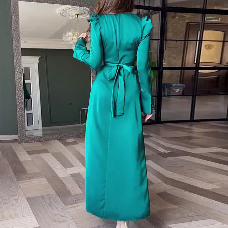 Women's Elegant Maxi Dress with Waist Tie Belt