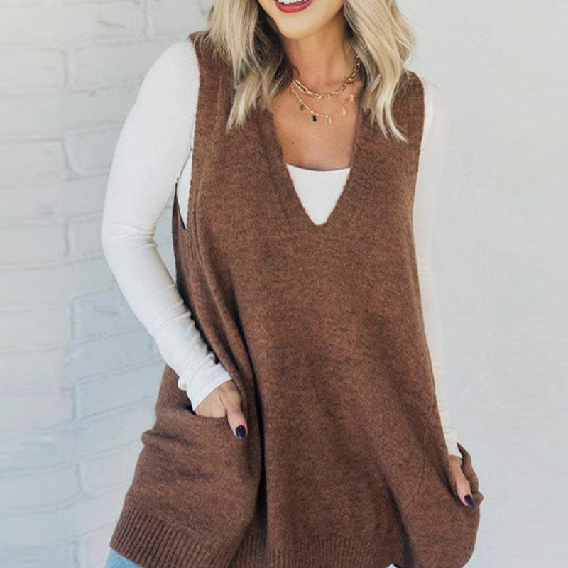 Women's Loose-Fit V-Neck Sweater Vest with Pockets