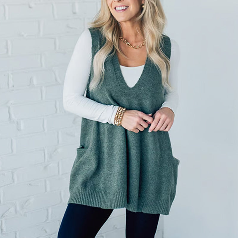 Women's Loose-Fit V-Neck Sweater Vest with Pockets